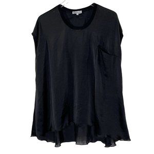 Tutu & Lilli S Black Satin Flowy Tunic Ruffle Hem Short Sleeves Round Neck